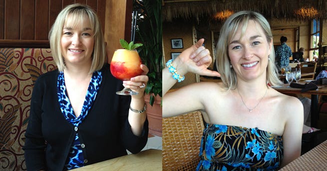 Two photos of Erin Finley, on the left holding a cocktail and on the right wearing a summery top at a restaurant