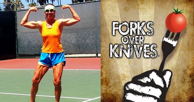 former Ms. Natural Olympia drug-free bodybuilding champion, Suzanna Mcgee, on a tennis court wearing exercise clothing, flexing her muscles