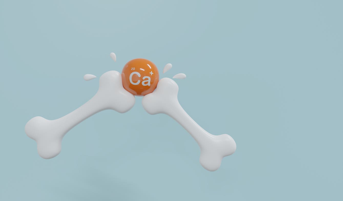 a computer-rendered image showing two plastic-looking bones intersecting at an orange ball, which has the periodic symbol for Calcium on it