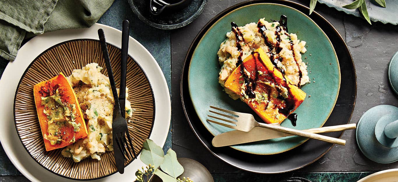 Garlic Squash Steaks with Herbed Pear-Potato Mash on turquoise plates with metal cutlery