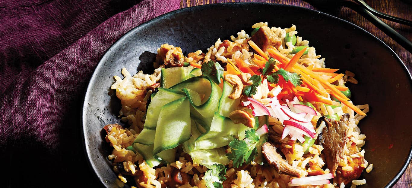 Jasmine Rice Bowls with Glazed Eggplant and Oyster Mushrooms in a dark gray ceramic dish