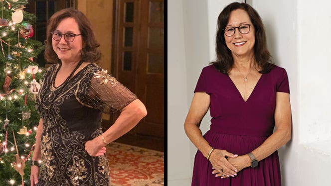 Julia Dunaway before and after adopting a whole food plant based diet to lower her cholesterol and lose weight