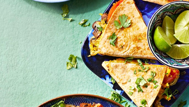 a vegan quesadilla with mushrooms and butternut squash