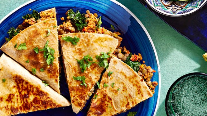 vegan quesadillas with lentils and kale