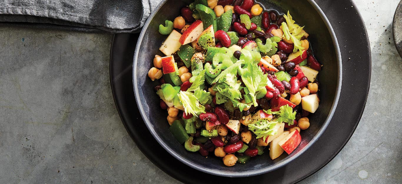 Dreena Burton’s Easy 3-Bean Salad in a grey ceramic bowl