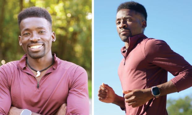 Two photos of Hellah Sidibe. On the left with arms folded looking into the camera smiling, on the right running