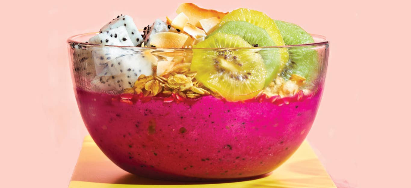 5-Minute Dragon Fruit Smoothie Bowl on a bright yellow plate against a pale pink background