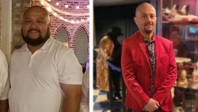 Eric Young in two photos, before and after he adopted a plant-based diet for weight loss and sleep apnea