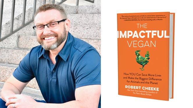 A headshot of plant-based bodybuilder Robert Cheeke next to an image of his new book The Impactful Vegan