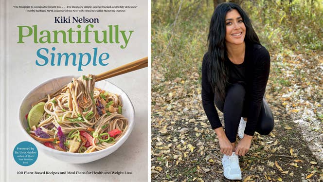 The cover of the book Plantifully Simple by Kiki Nelson, next to a photo of Kiki Nelson outside, kneeling down to lace her sneakers