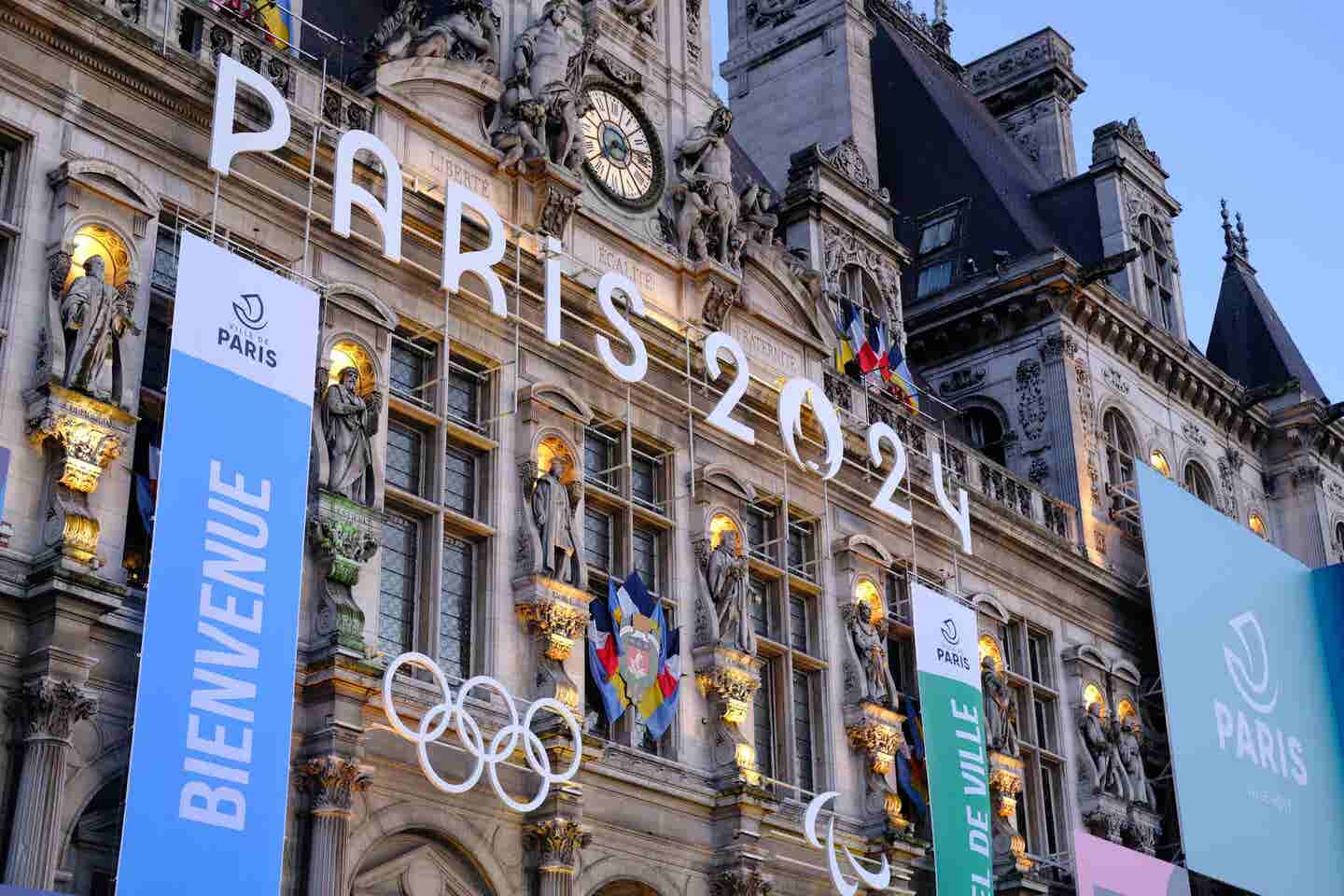 A close-up of the facade of the Parisian city hall with the Olympic games logo. Paris, France - March 22, 2024.