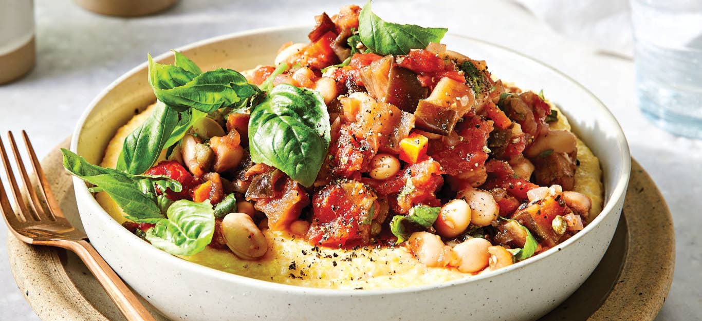 Caponata Beans and Polenta in a white bowl