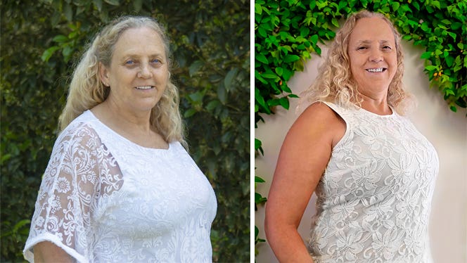 Two photos of Rena Johnson side by side showing her before and after adopting a plant-based diet for rheumatoid arthritis pain: in the first, Rena wears a white top and smalls at the camera, in the second, she wears a similar white top and appears to have lost weight