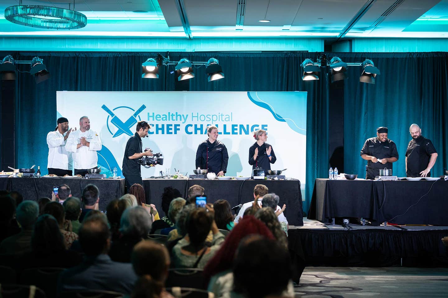 Photo of chefs competing in the first Healthy Hospital Chef Challenge competition in D.C., showcasing healthy plant-based hospital food