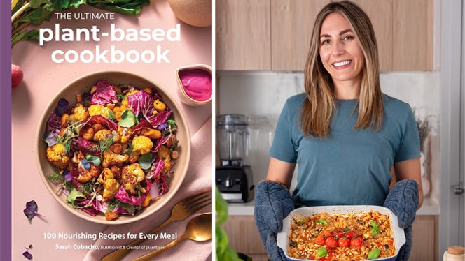 The cover of the Ultimate Plant-Based Cookbook next to a photo of the author Sarah Cobacho of Plantbaes, who holds a healthy vegan casserole