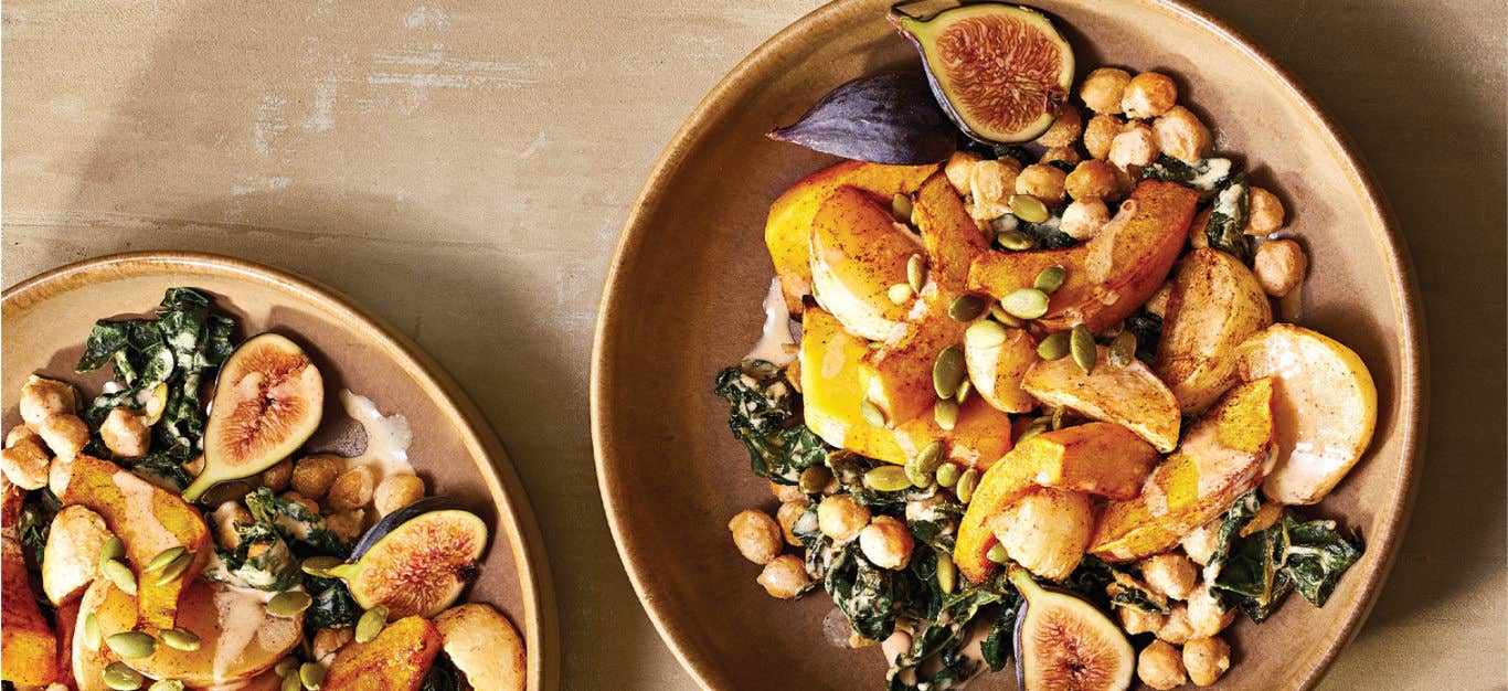 Two bowls of Kale and Spiced Pumpkin Salad with Figs