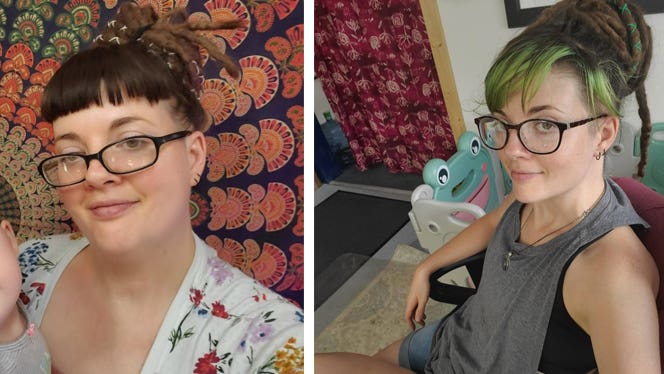 Kaitlyn Teague before and after adopting a whole-food, plant-based diet for weight loss and joint pain