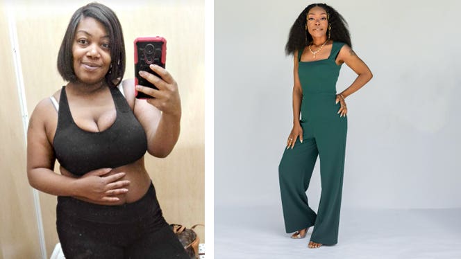 Two photos of Shaquila Germany - on the left, a mirror selfie, on the right, Shaquila after she cut out animal products and oil for her weight, arthritis, and blood pressure, having lost weight