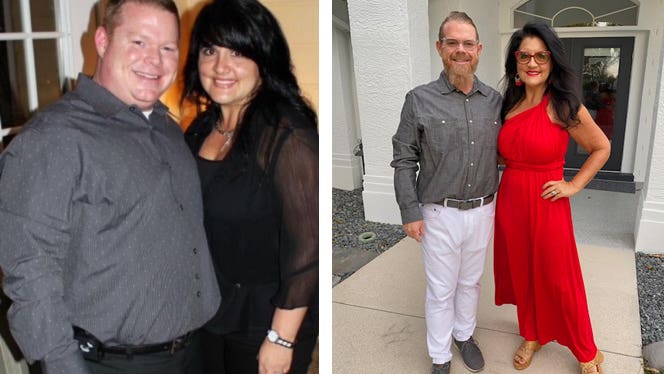 Ana Maria Leis and her husband Jay stand side by side in two photos, before and after adopting a whole food plant-based diet for weight loss and to reverse diabetes and heart disease