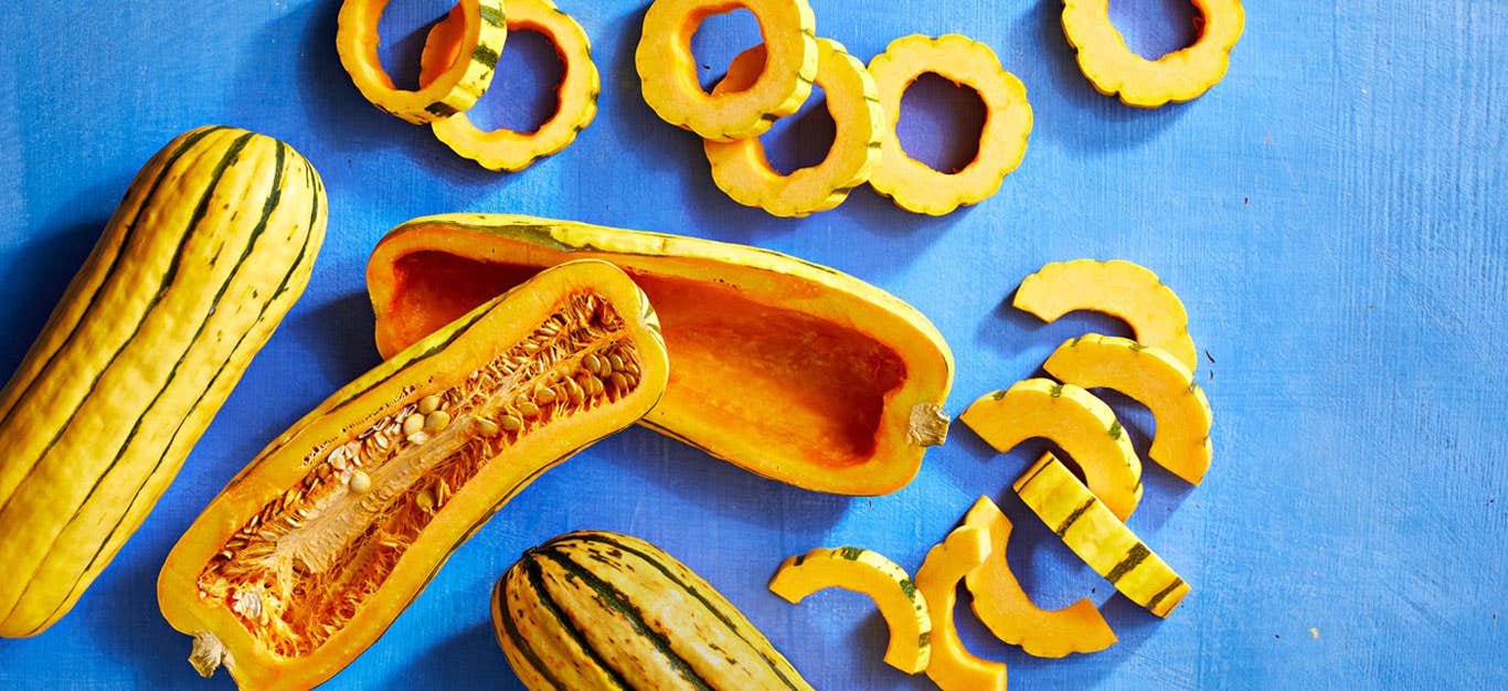 delicata squash cut into different shapes, including boats and rings, on a blue background