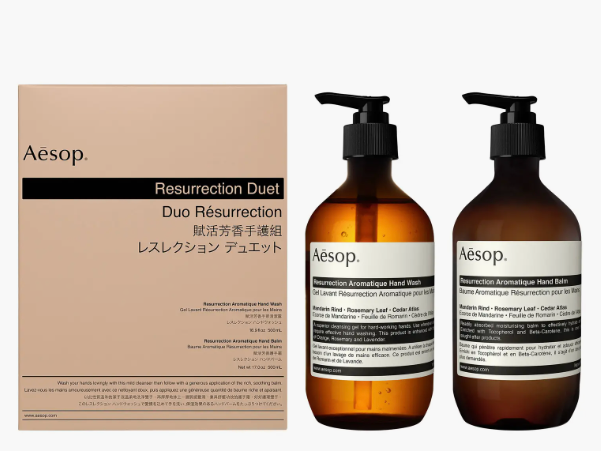 The Aesop Resurrection Duet: a bottle of Aesop hand wash beside a bottle of Aesop hand balm