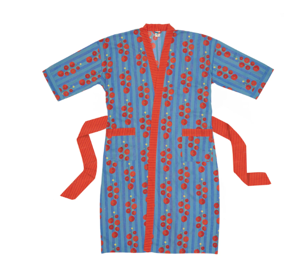 Blockshop Textiles' tomato robe, with blue pinstripes and tomato pattern and red belt