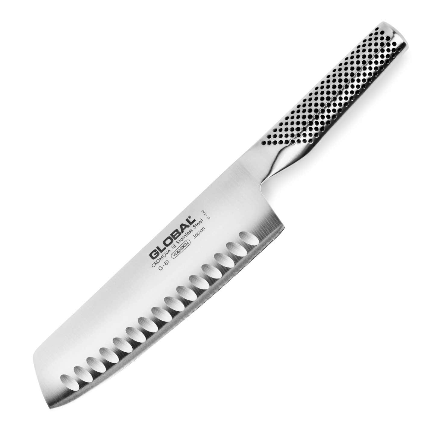 a stainless steel Nakiri-style vegetable-chopping knife by the brand Global, shown on a white background