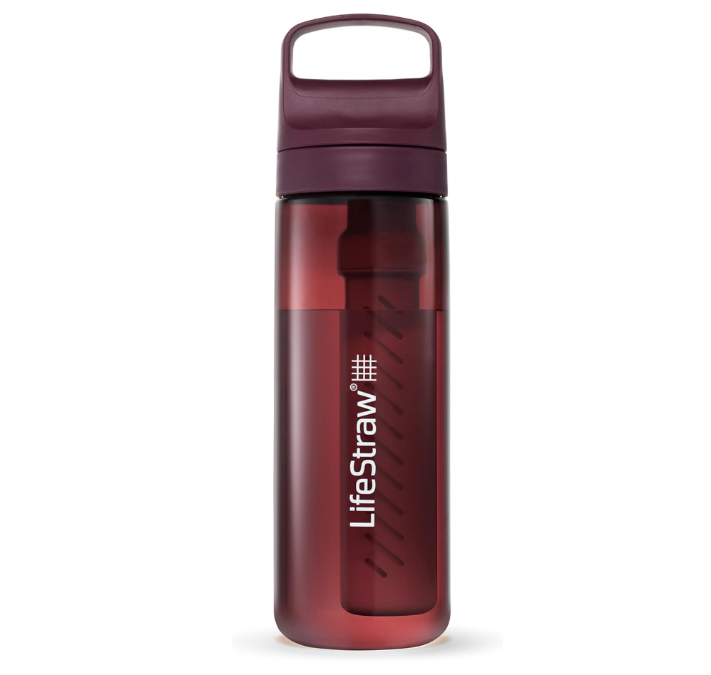 LifeStraw Go Series Filtering Water Bottle in red on a white background