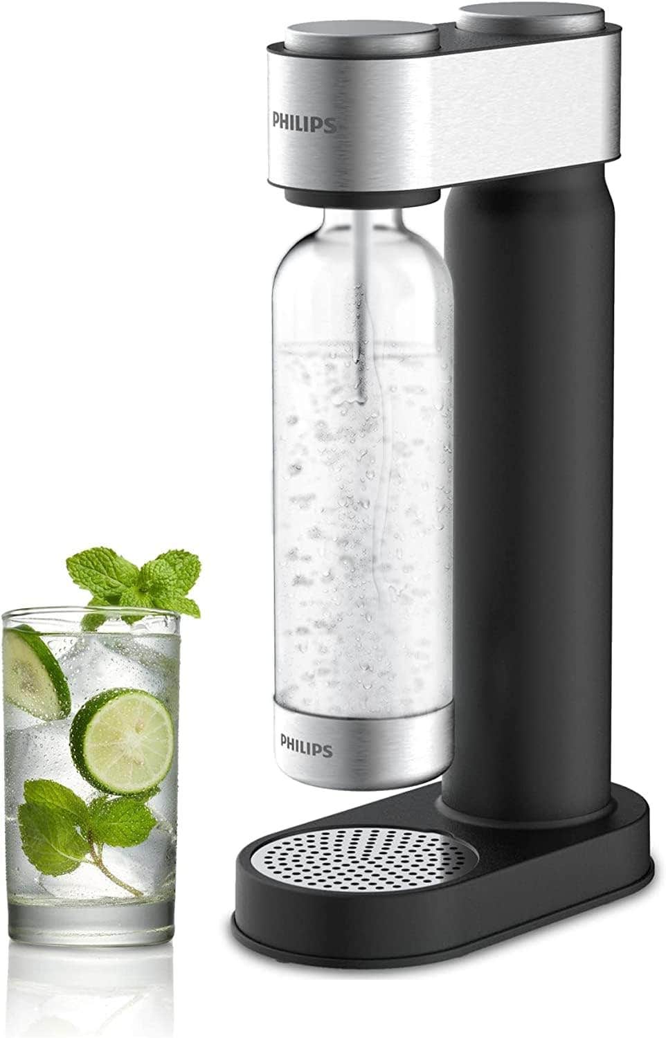 Philips-brand GoZero sparkling water maker, shown beside a glass of fizzy water with herbs and lime in it