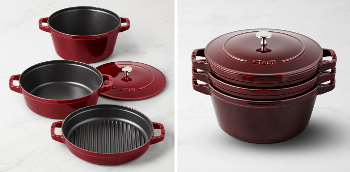 Two photos of the Staub Enameled Cast Iron Stackable 4-Piece Set, on the left they're spread out, on the right they're stacked neatly together