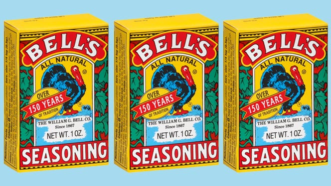 Three boxes of Bell's Poultry Seasoning on a solid blue background