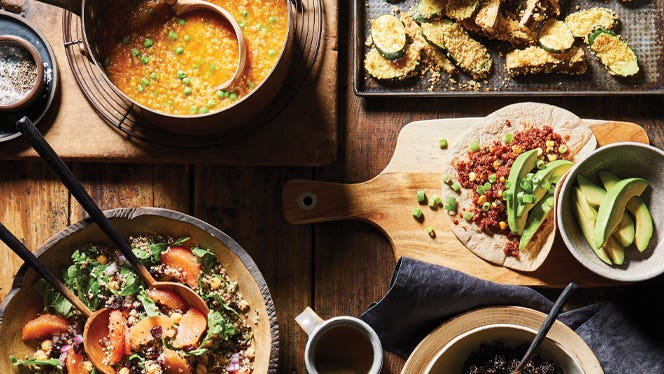 a few different easy dishes made with quinoa, including a lentil soup, quinoa-coated tempura, a grapefruit and quinoa salad, and tacos stuffed with a quinoa filling