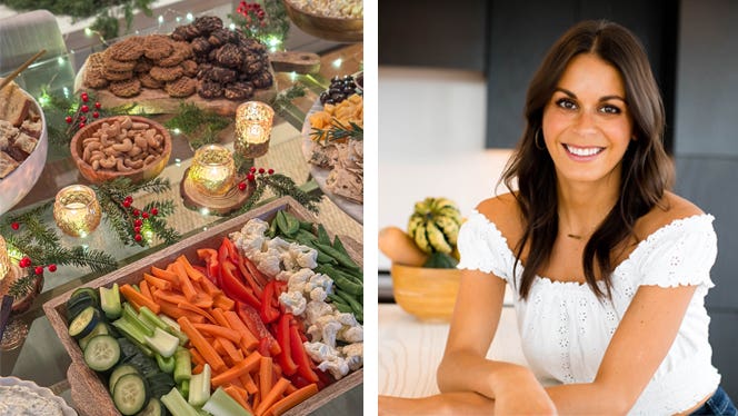 Two photos side by side, on the left is a plant-based vegan holiday dinner party spread by Jackie Akerberg; on the right is a headshot of Jackie in her kitchen