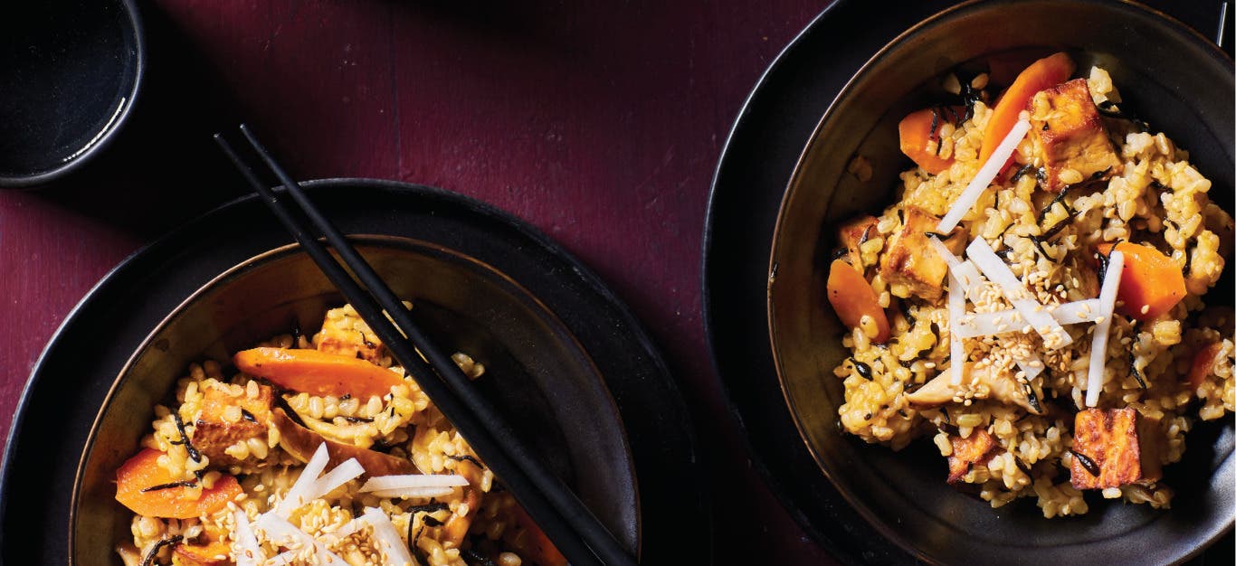 Two bowls of Japanese Brown Rice with Hijiki, Tofu, and Vegetables