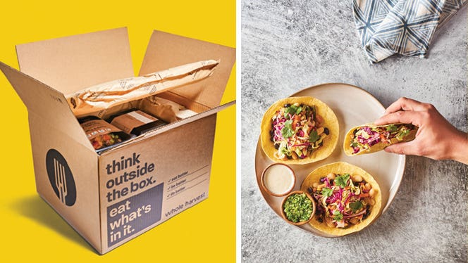 two side-by-side photos, on the left, a cardboard box labelled on the outside with "Whole Harvest Meal Delivery Service: Think Outside the Box, Eat What's In It" with some sealed meals visible in box; on the right, a plate of veggie tacos on a light gray surface