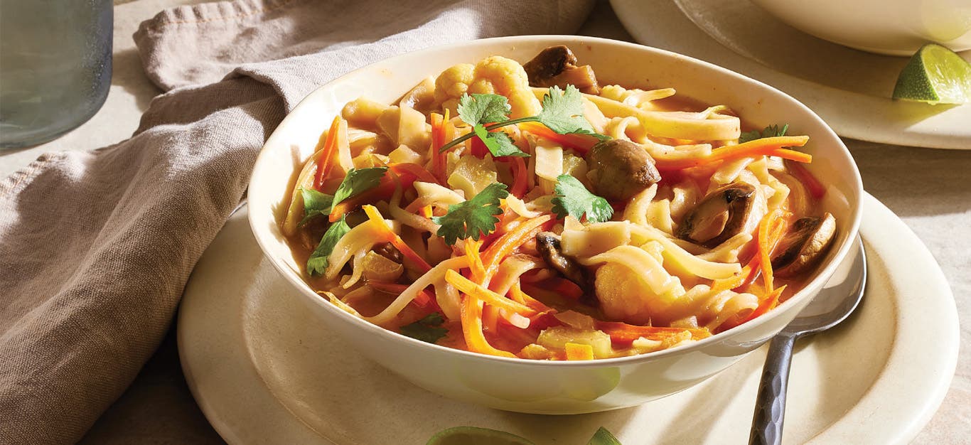 Closeup of Coconut Curry Noodle Bowls with Mushrooms