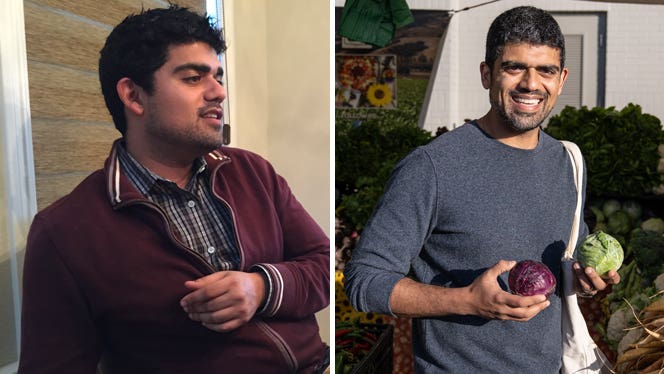 Two images side by side: the first showing Dr. Rak Jotwani before adopting a plant-based diet. He sits wearing a maroon sweater. The second image is Dr. Jotwani more recently, having lost weight on a plant-based diet. He's shopping at a farmers market