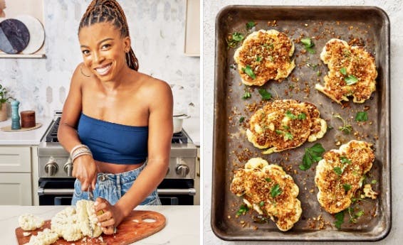 Jenne Claiborne slicing cauliflower in her kitchen beside a photo of her za'atar-roasted cauliflower steaks on a baking tray