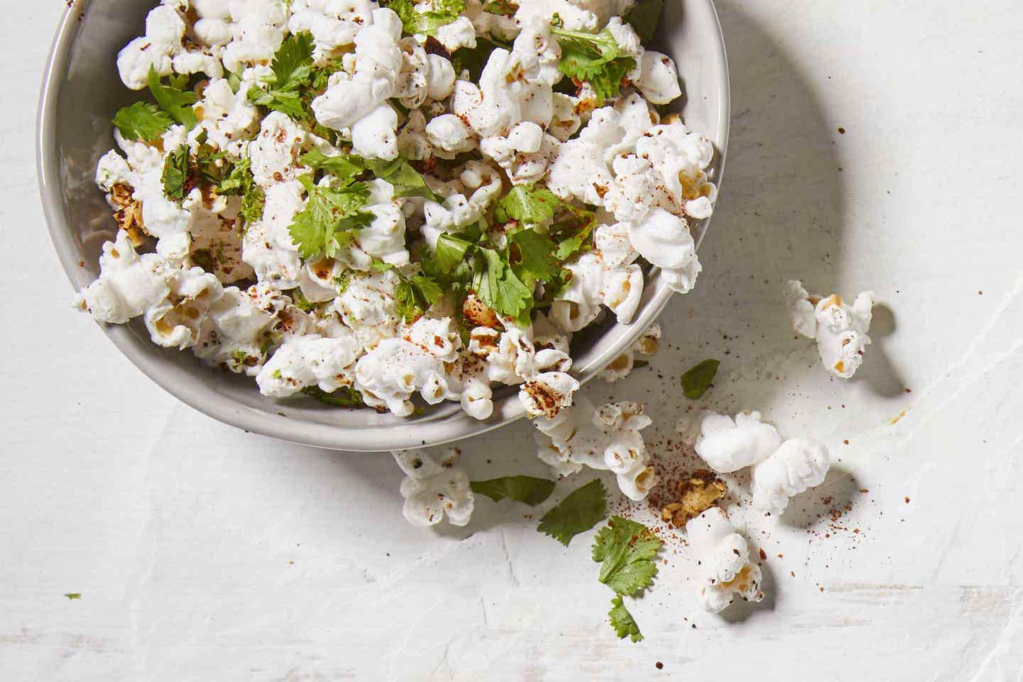 chili lime seasoned popcorn in a bowl