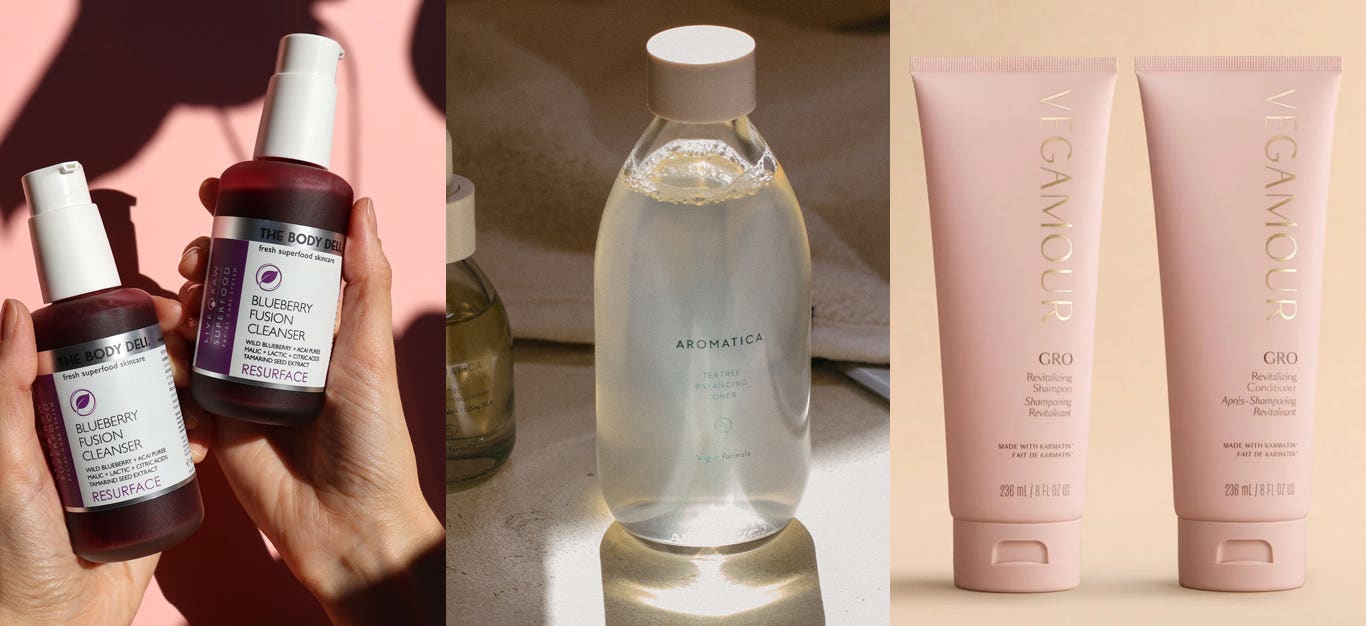 Three photos showing clean vegan beauty products that plant-based pros like