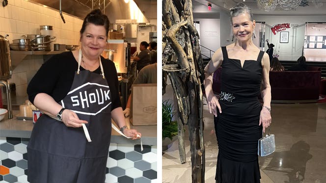 Two photos of Elisa Dworak: on the left, she is shown before she adopted a whole food plant based diet for weight loss and sleep apnea and diabetes; she stands in a restaurant kitchen smiling wearing an apron. On the right, she is shown after several years on a whole food plant-based diet, having lost more than 100 pounds. She wears an A-line black dress and smiles