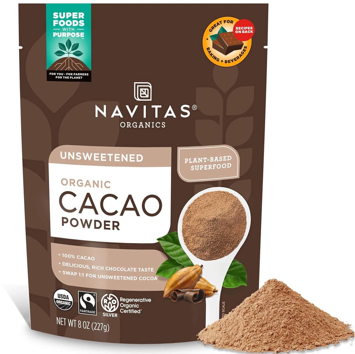 A bag of healthy unsweetened cacao powder by Nativas Organics