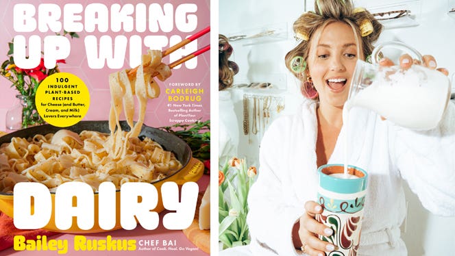 side by side photos - on the left the cover for the cookbook breaking up with dairy - on the right chef bai stands in the kitchen wearing a robe with curlers in her hair pouring a glass of dairy-free milk.jpg