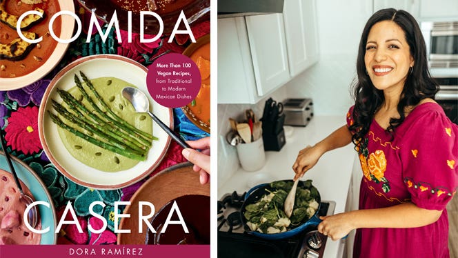 Side by side photos, on the left, the cover of vegan Mexican cookbook Comida Casera, on the right, author Dora Ramírez stands over her stove cooking veggies and smiling, wearing a bright magenta dress