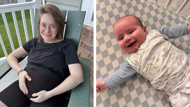 Two side by side photos: on the left, plant-based blogger Brittany Jaroudi, who is pregnant, sits in a deck chair outside, smiling, with her hands on her belly. On the right, her infant son smiles