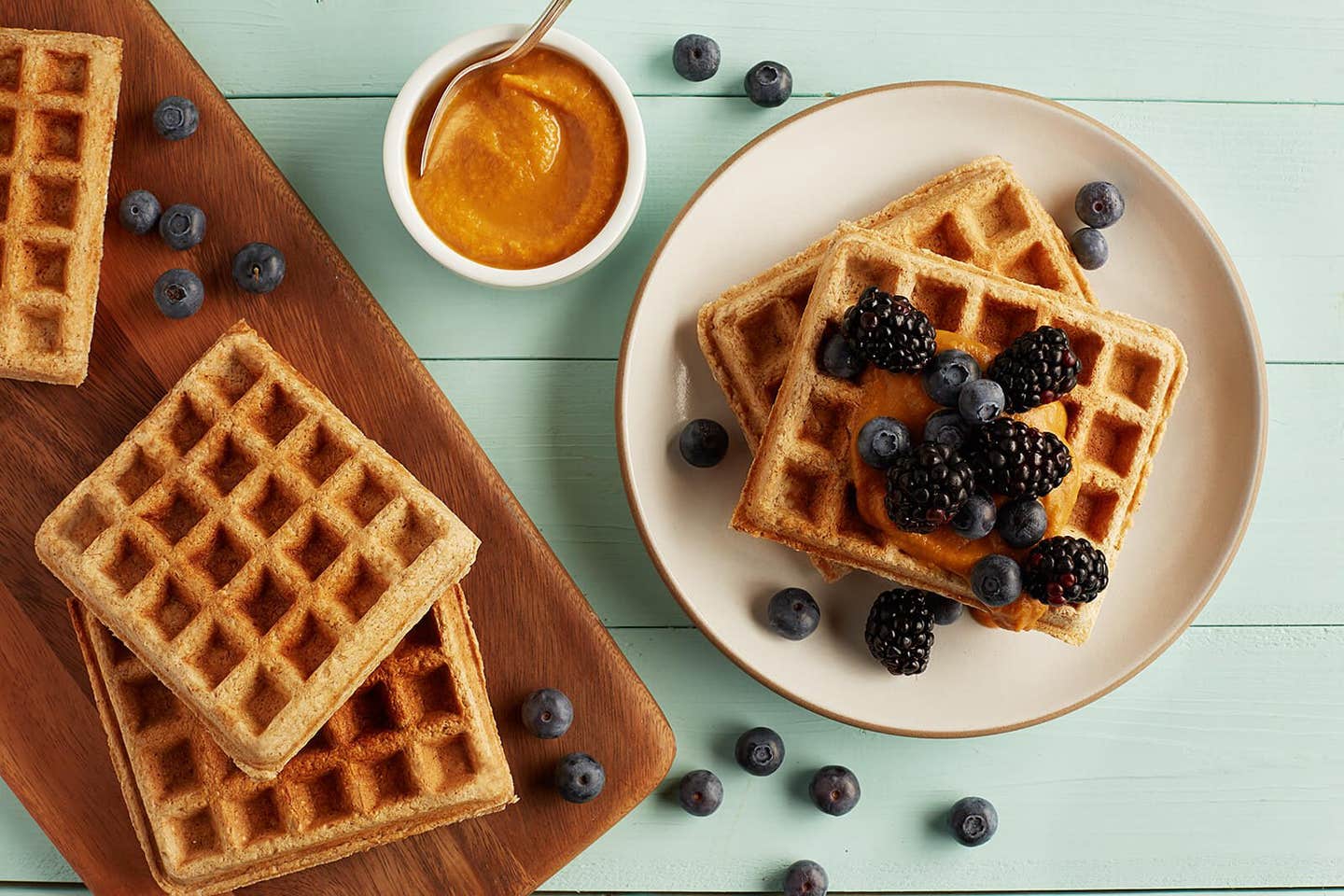 vegan brunch recipes - Cinnamon-Oat Waffles with Sweet Potato “Butter”