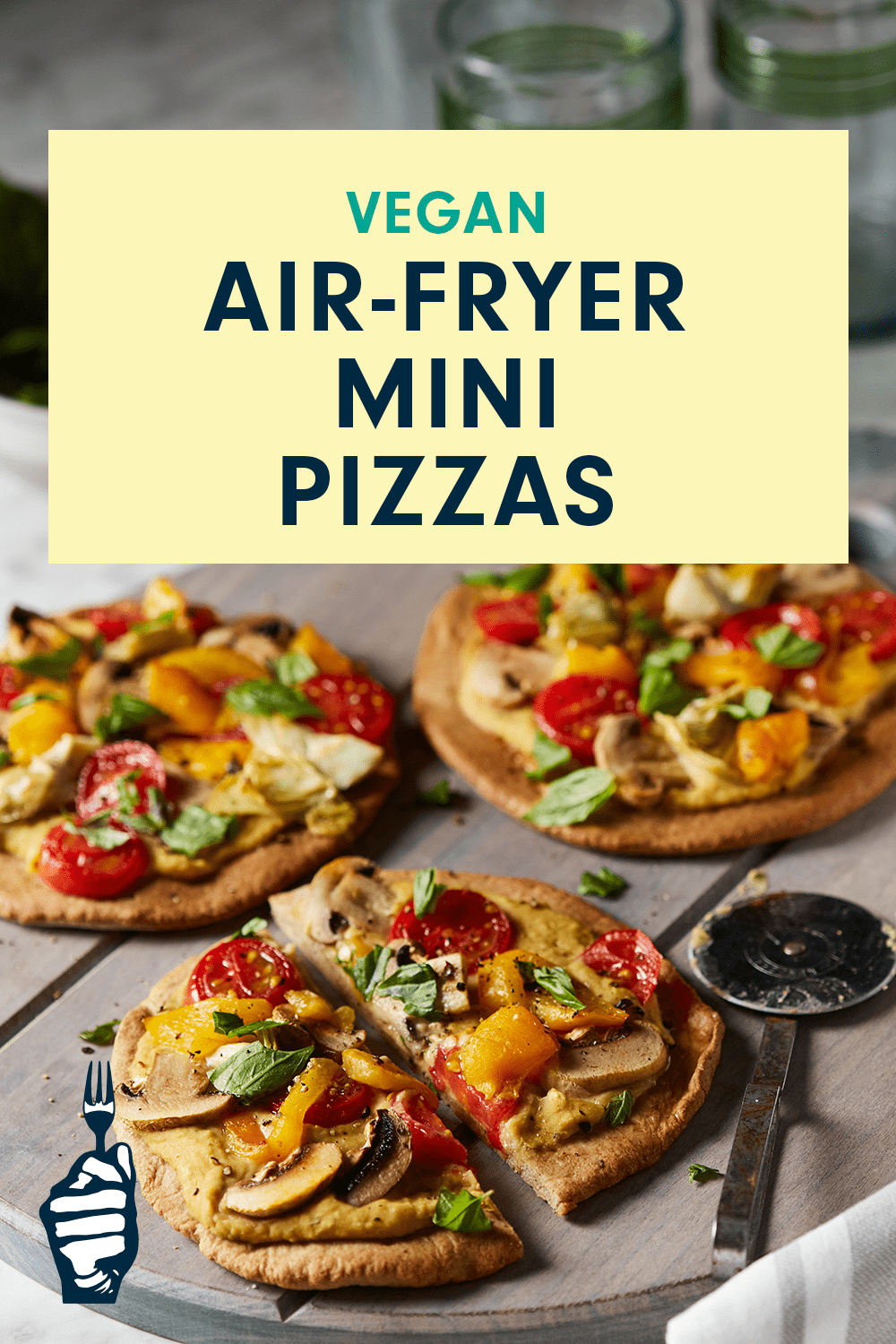 Three veggie-topped pita pizzas with a text box that reads, "Air-Fryer Mini Pizzas"