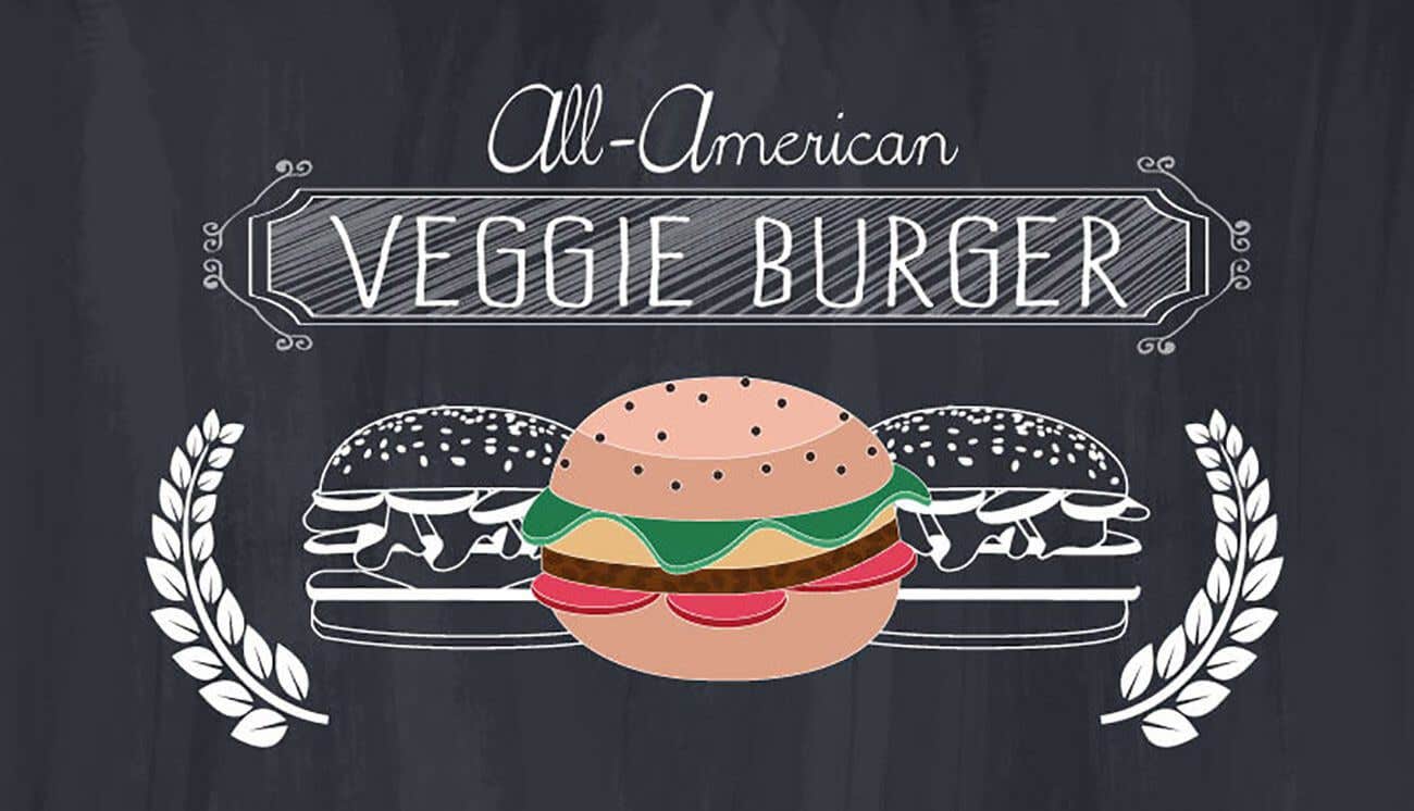 White on black graphic of three burgers - one in color- with text that reads, "All-American Veggie Burger"