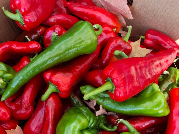 An assortment of green and red Anaheim peppers