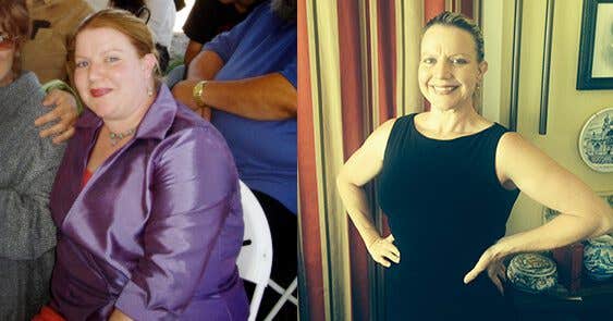 Anna N. Bolla before and after losing weight and improving her health on a plant based diet. In the after photo, Bolla is wearing a sleeveless black dress.